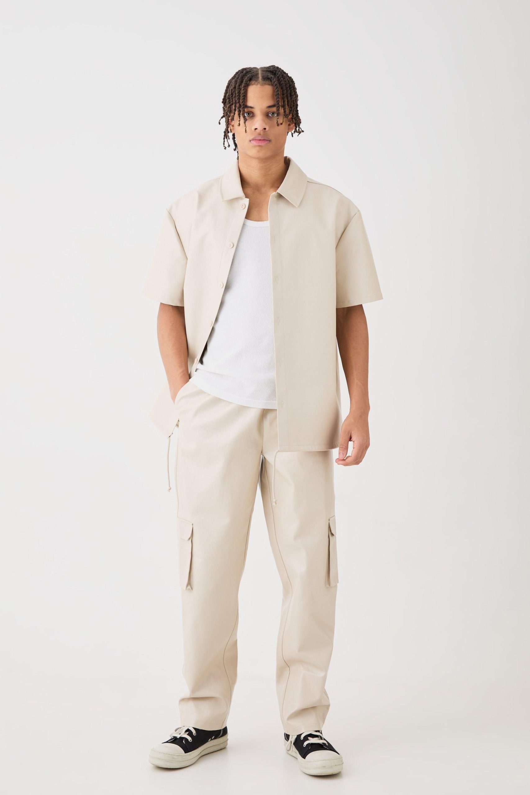Short Sleeve Drop Shoulder Pu Overshirt & Cargo Trouser Set