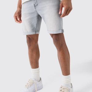 Skinny Stretch Denim Shorts In Light Grey