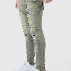 Skinny Stretch Multi Rip Carpenter Washed Grey Jeans