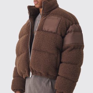 Borg & Nylon Funnel Neck Puffer In Chocolate