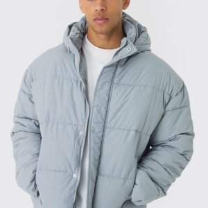 Boxy Crinkle Nylon Puffer In Light Grey