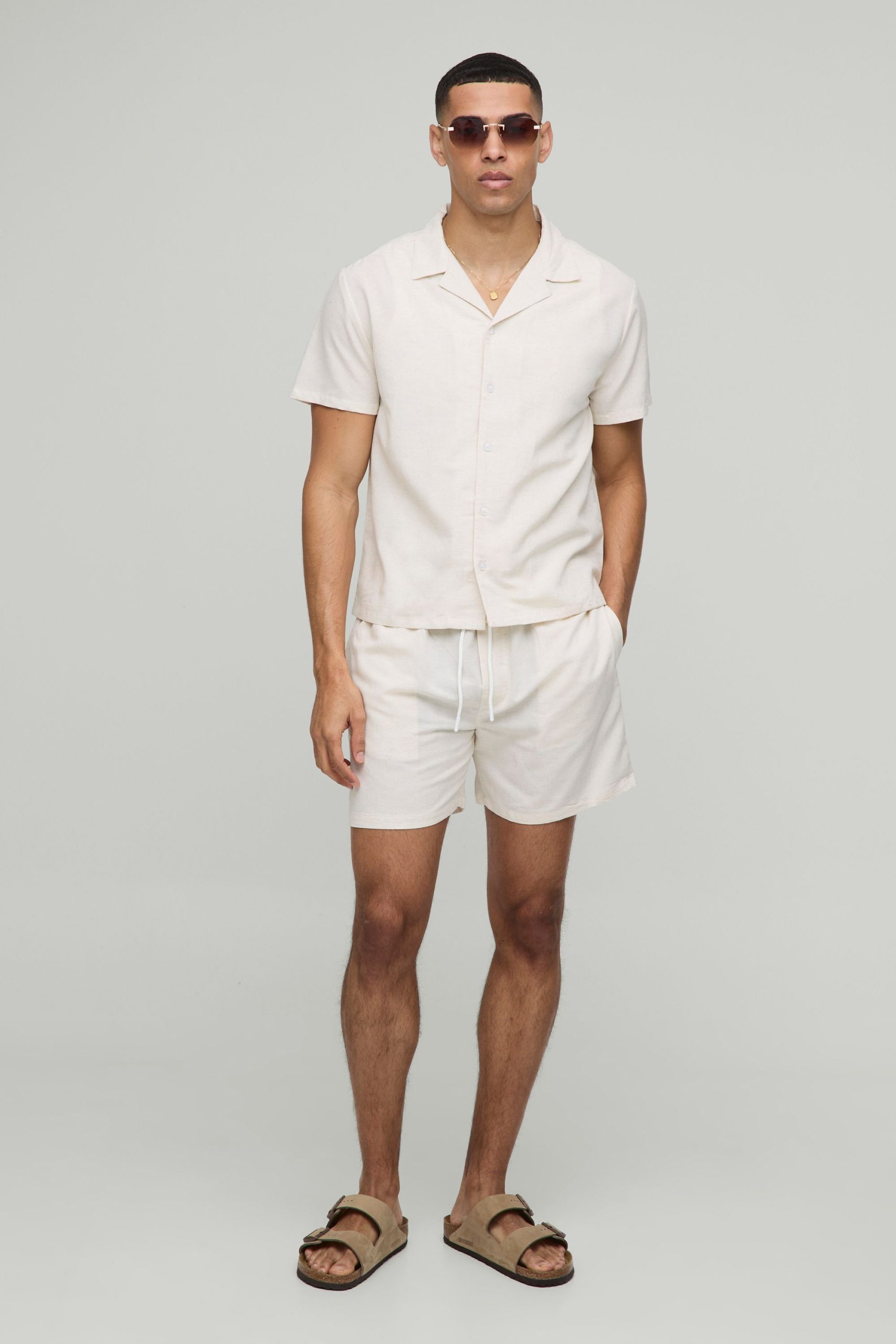 Regular Fit Short Sleeve Boxy Linen Blend Shirt & Short