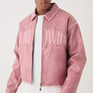 Boxy Tumble PU Applique Harrington Jacket In Pink