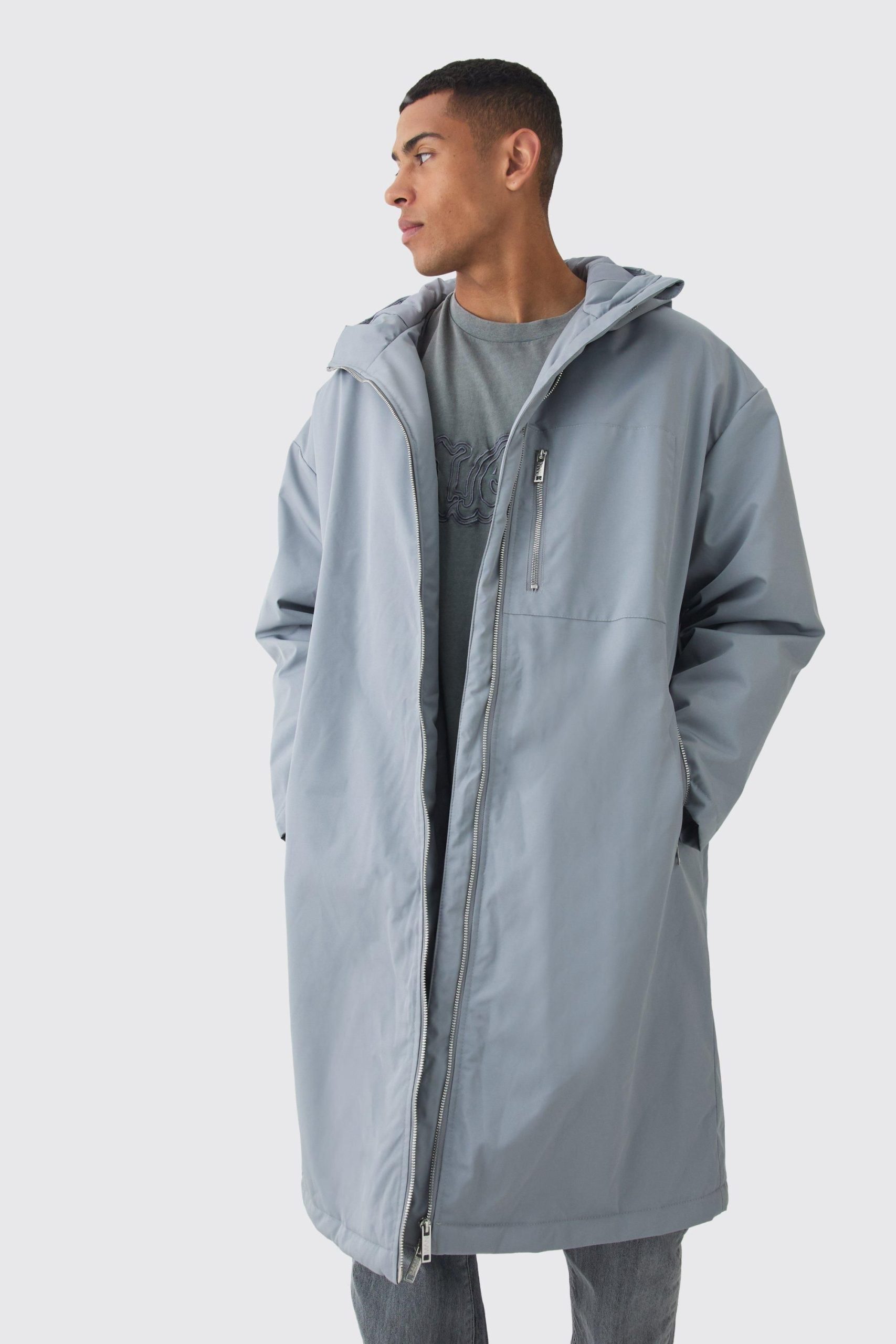 Oversized Padded Tech Longline Mac In Grey