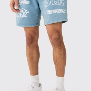 Relaxed Moto Puff Print Washed Shorts