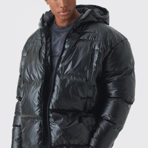 High Shine Hooded Quilted Puffer In Black