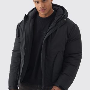 Padded Drawcord Hooded Parka Coat In Black
