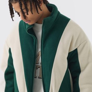 Boxy Colour Block Funnel Neck Fleece Jacket In Green