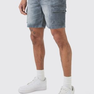 Slim Rigid Cargo Denim Shorts In Grey
