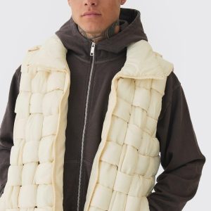 Tall Boxy Fit Hand Weft Padded Gilet In Stone