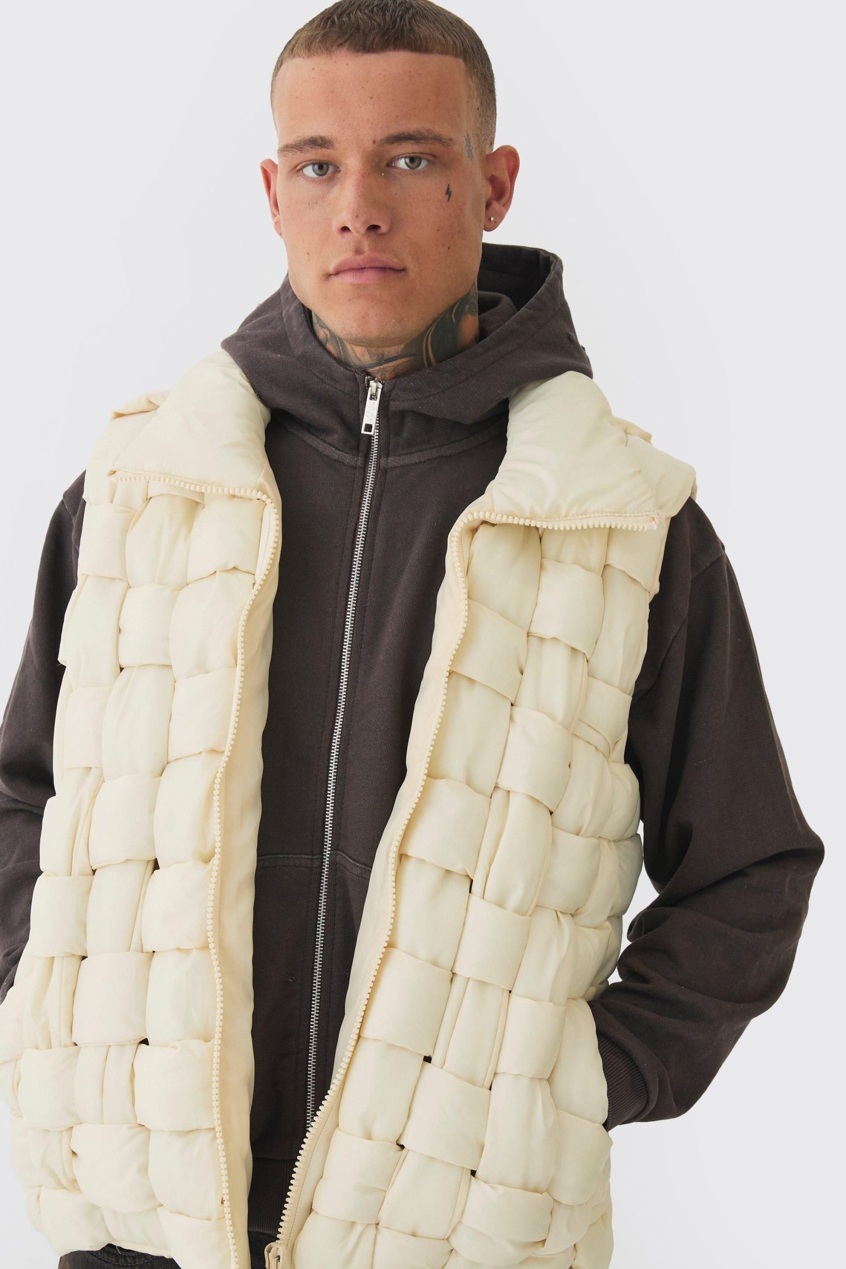 Tall Boxy Fit Hand Weft Padded Gilet In Stone