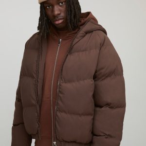 Man Regular Fit Hooded Puffer Coat In Brown
