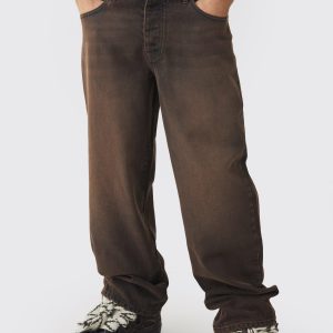 Baggy Rigid Double Waistband Denim Jeans In Brown
