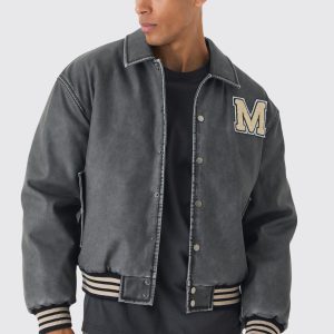 Boxy Washed Pu Varsity Jacket In Grey