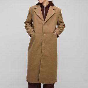 Oversized Overcoat With Faux Hooded Jersey Layer In Tan