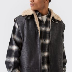 Oversized Faux Suede Aviator Gilet Jacket In Black