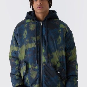 Oversized Abstract Print Hooded Bomber Jacket In Navy