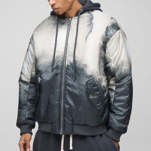 Oversized Abstract Print Hooded Bomber Jacket In Charcoal