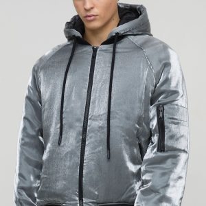 Oversized Liquid Metallic Hooded Bomber Jacket In Grey