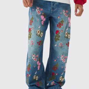 Baggy Fit Rigid Floral Embroidered Jeans