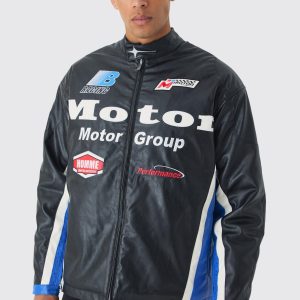 Oversized Mesh Panel PU Moto Jacket In Black