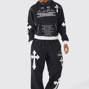 Oversized Boxy Limited Edition Cross Applique Hoodie and Jogger Tracksuit