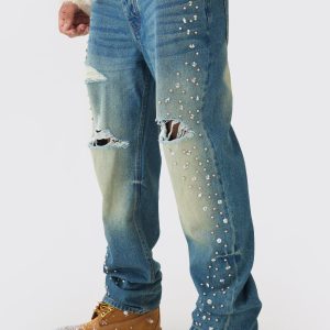 Relaxed Rigid Flared Rhinestone Embellished Ripped Jeans