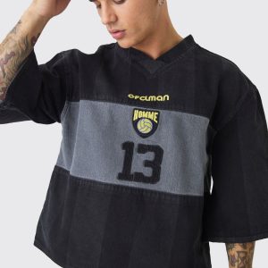 Oversized Embroidery Football Denim T-Shirt