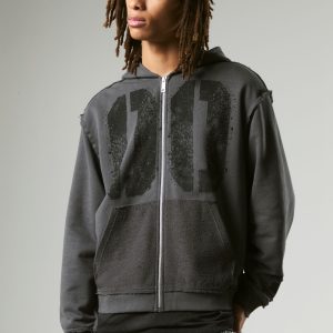 Oversized Boxy Varsity Raw Edge Zip Through Loopback Hoodie
