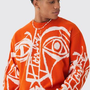 Oversized Boxy Abstract Line Face Knitted Jumper