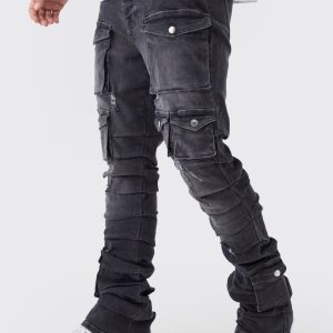 Skinny Stacked Multi Cargo Pocket Flared Jeans