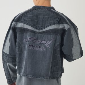 Boxy Denim Moto Applique Biker Jacket