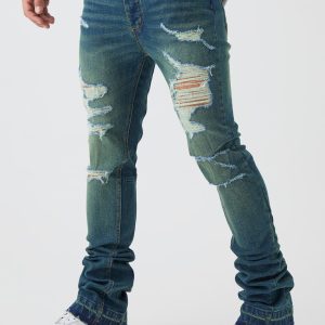 Skinny Stretch Stacked Flared Ripped Jeans