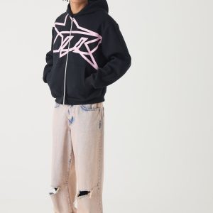 Oversized Boxy Star Printed Zip Through Hoodie