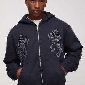 Oversized Boxy Cross Embroidered Zip Through Hoodie