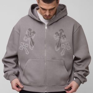 Tall Oversized Boxy Cross Embroidered Zip Through Hoodie