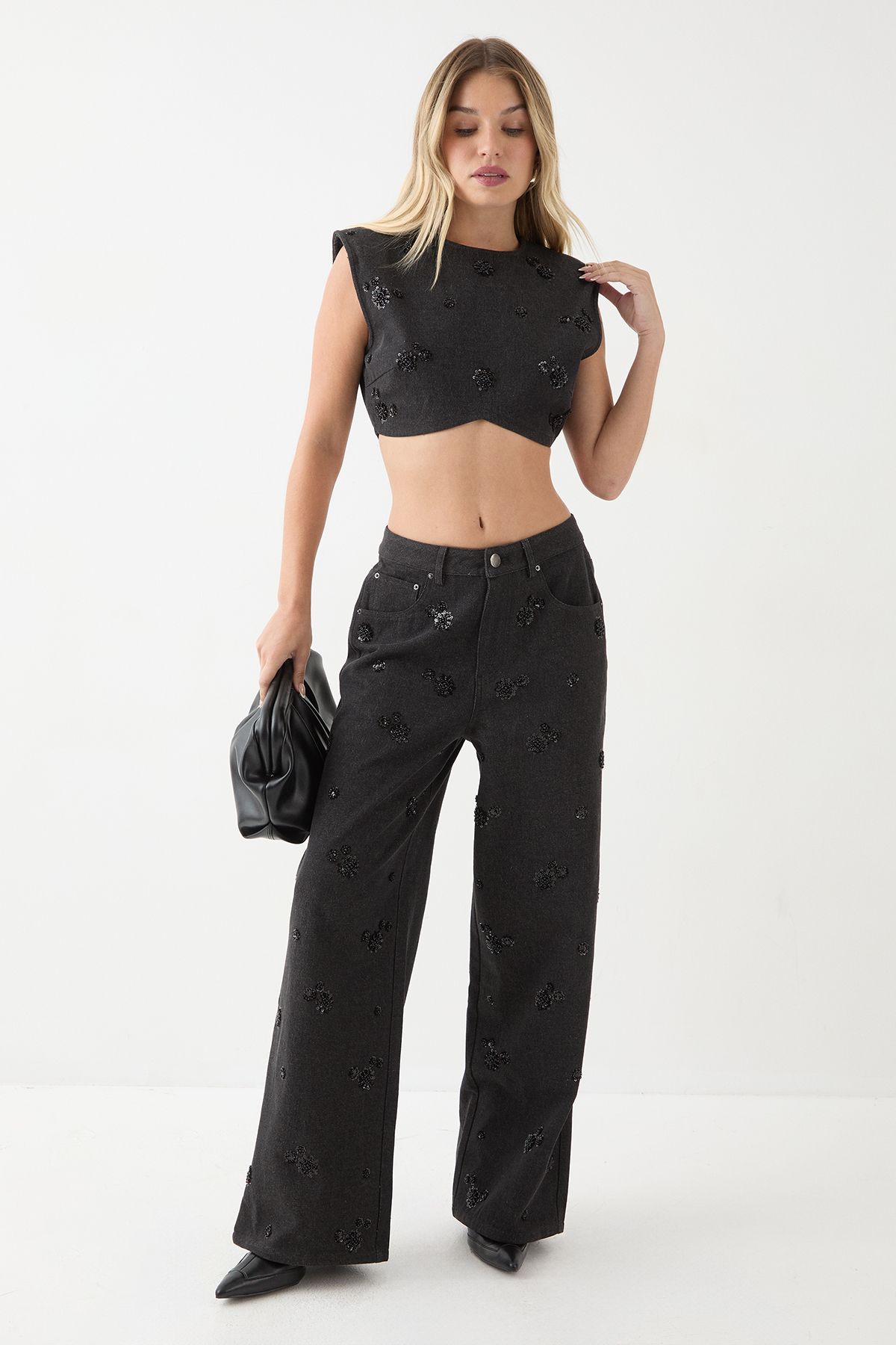 Denim Embellished Crop Top - Image 2