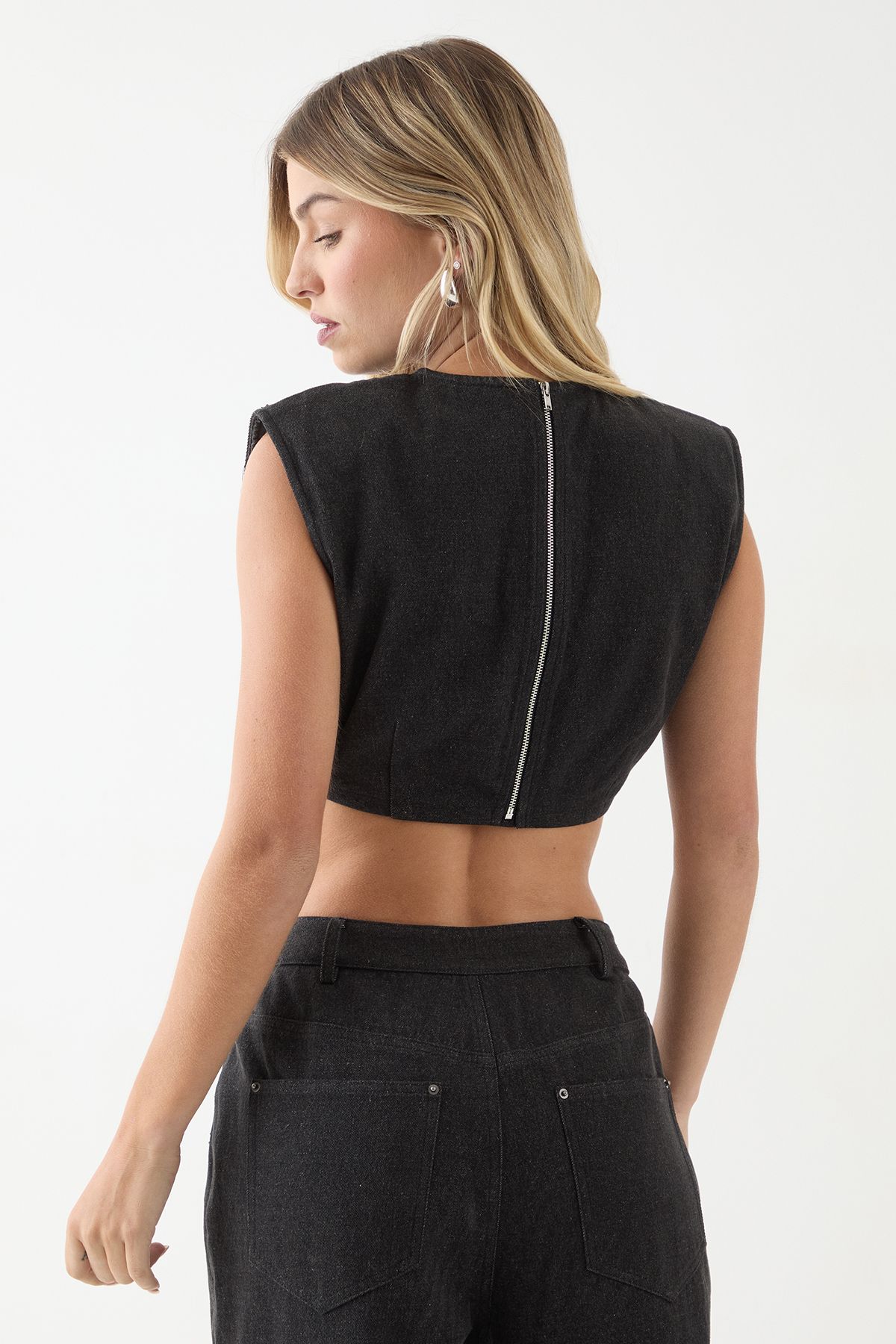 Denim Embellished Crop Top - Image 3