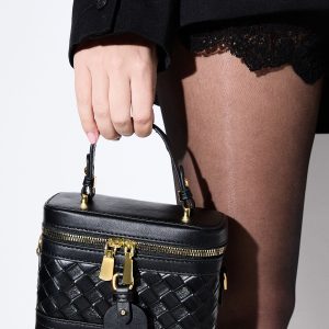 Faux Leather Quilted Vanity Bag With Crossbody Strap