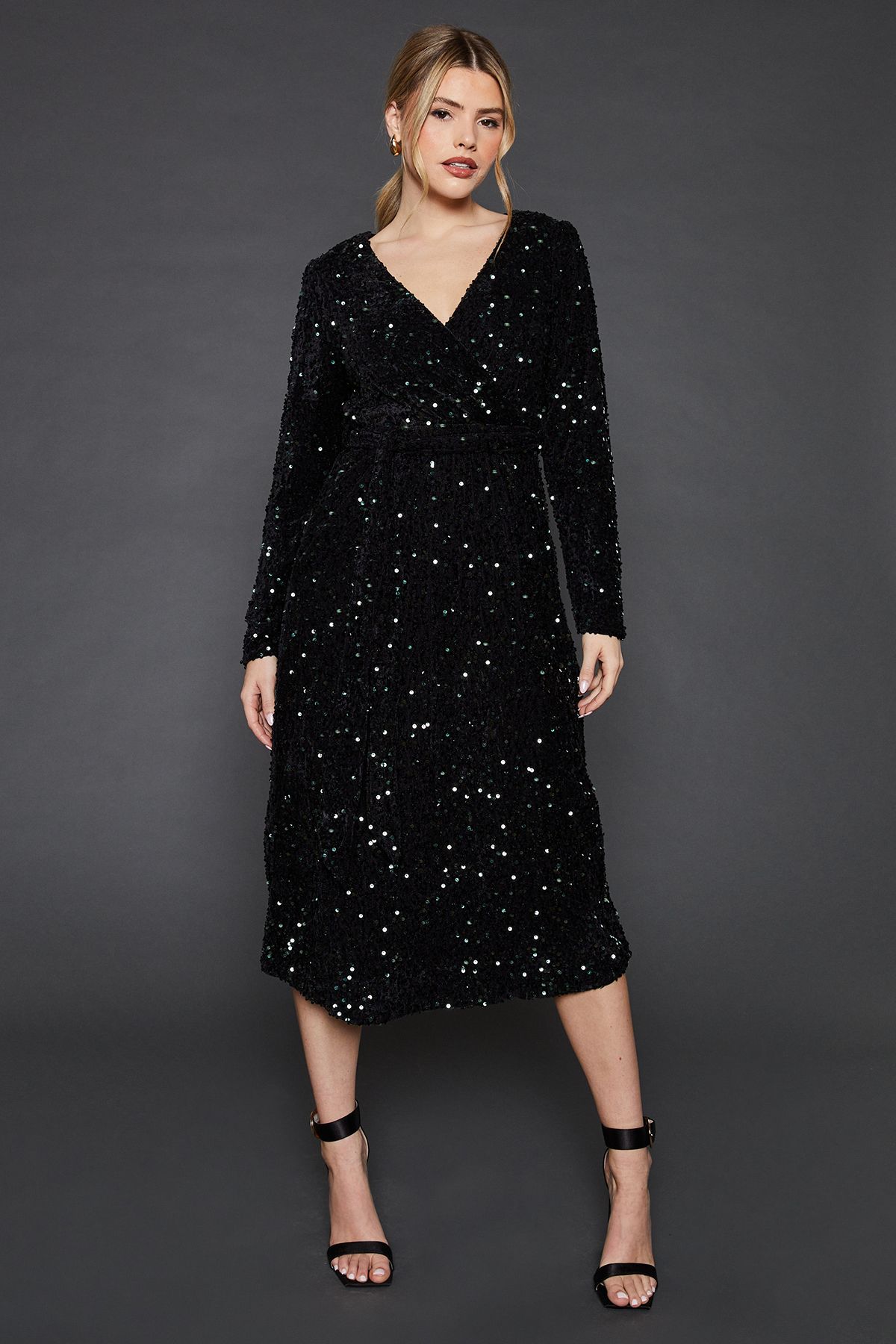 Velvet Sequin Wrap Midi Dress