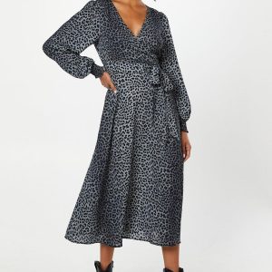 Black Animal Long Sleeve Wrap Midi Dress