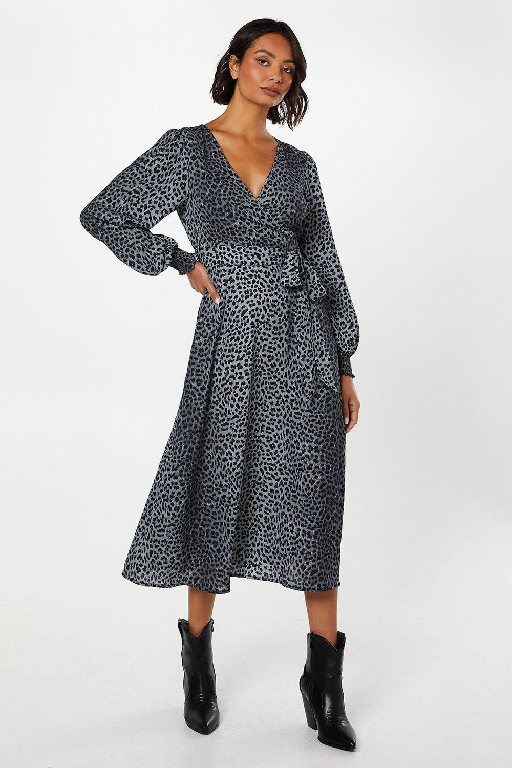 Black Animal Long Sleeve Wrap Midi Dress