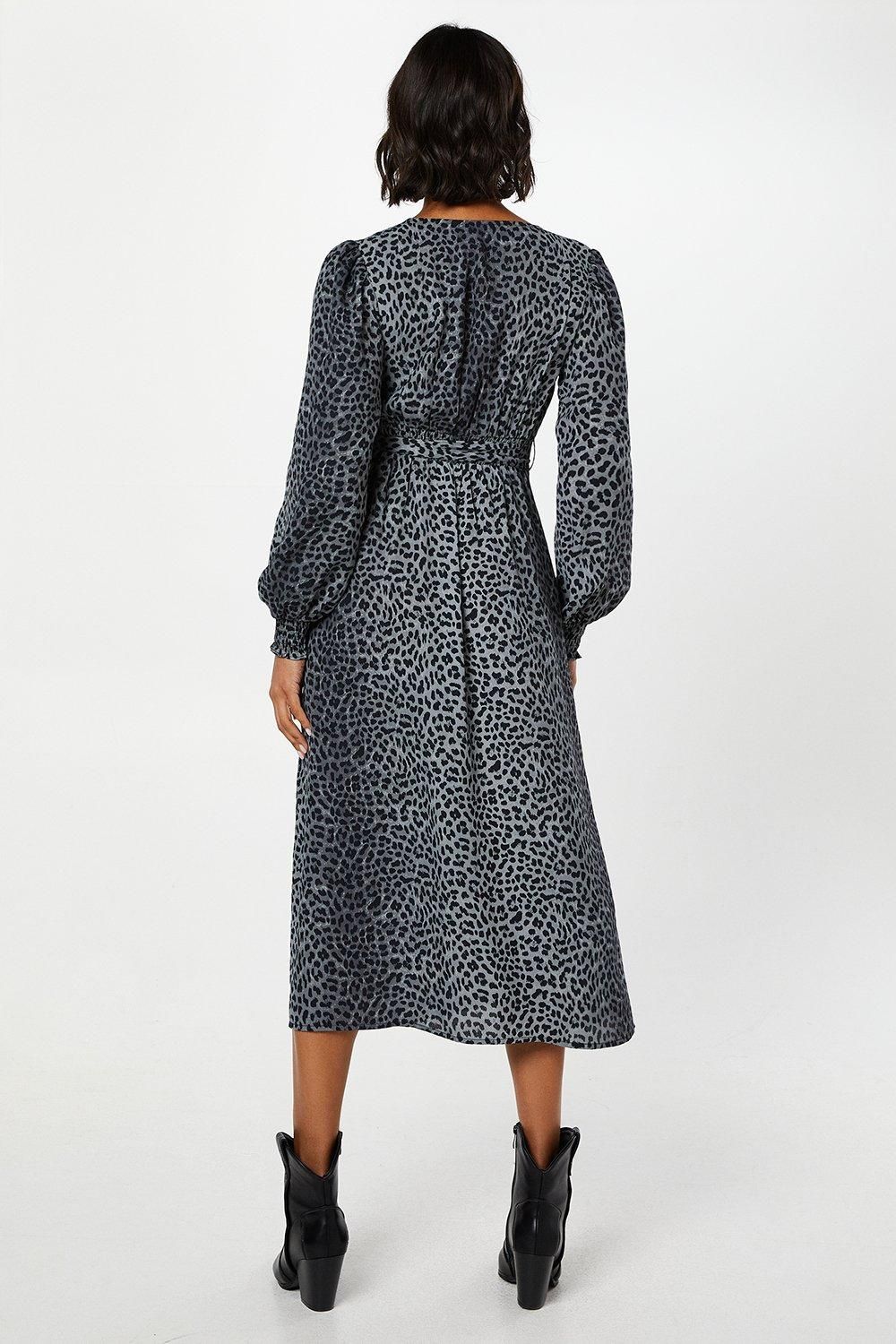 Black Animal Long Sleeve Wrap Midi Dress - Image 3