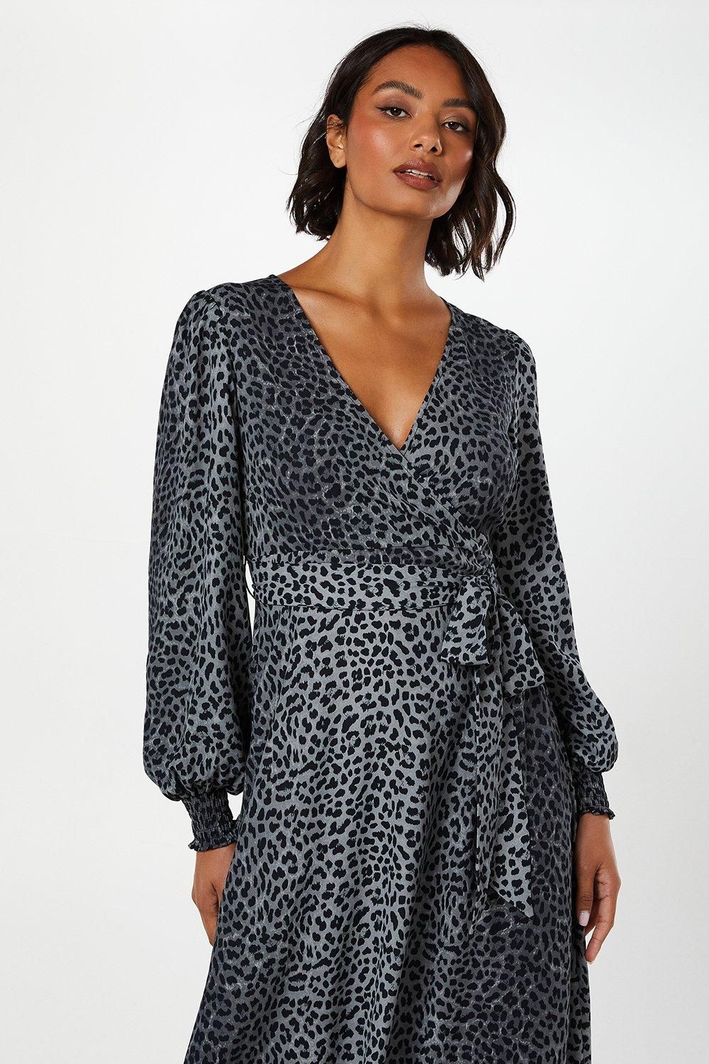Black Animal Long Sleeve Wrap Midi Dress - Image 4