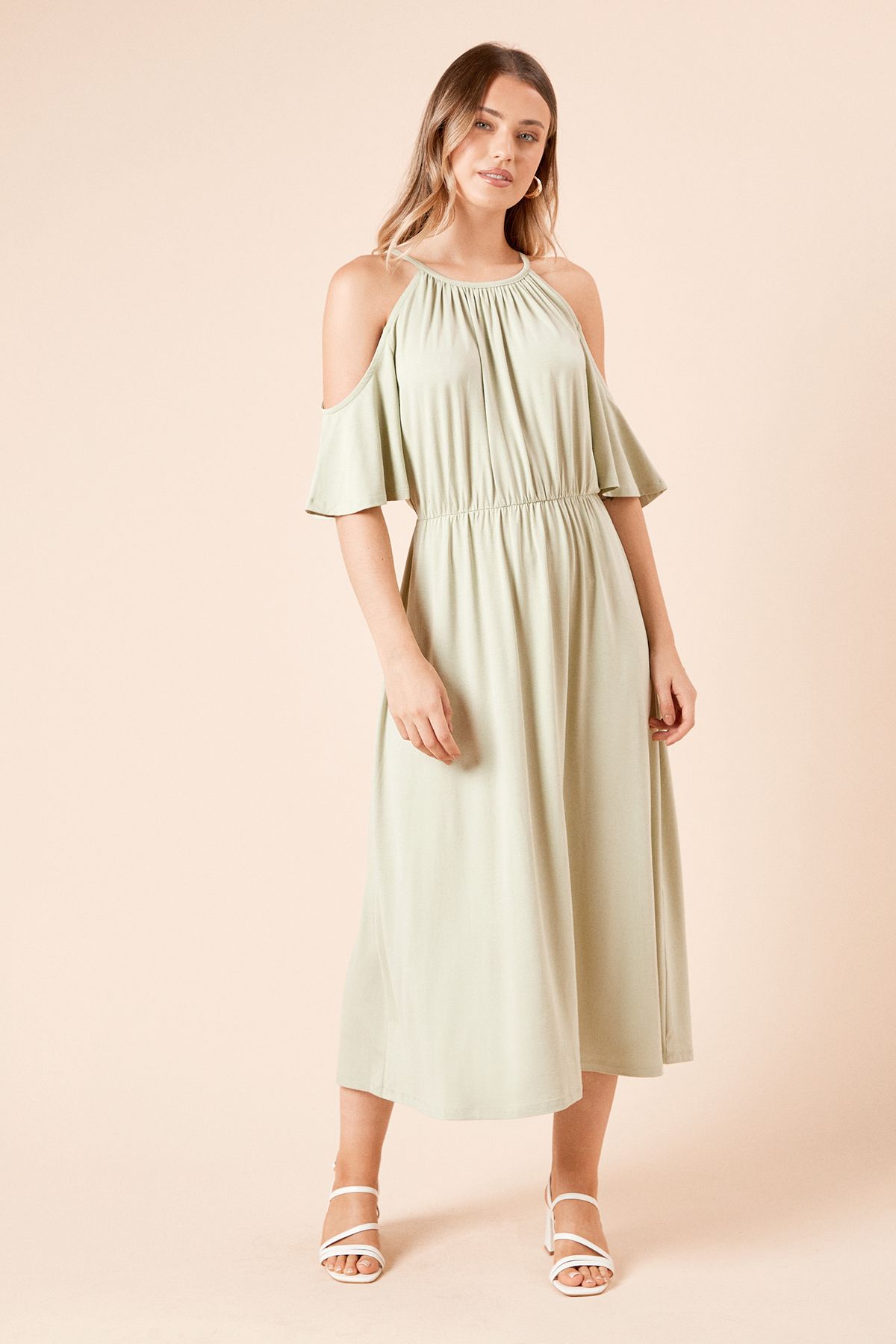 Cold Shoulder Halterneck Jersey Midi Dress