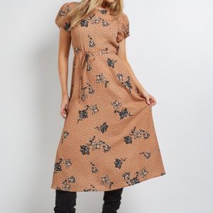 Stone Floral Tie Back Detail Puff Sleeve Midi Dress