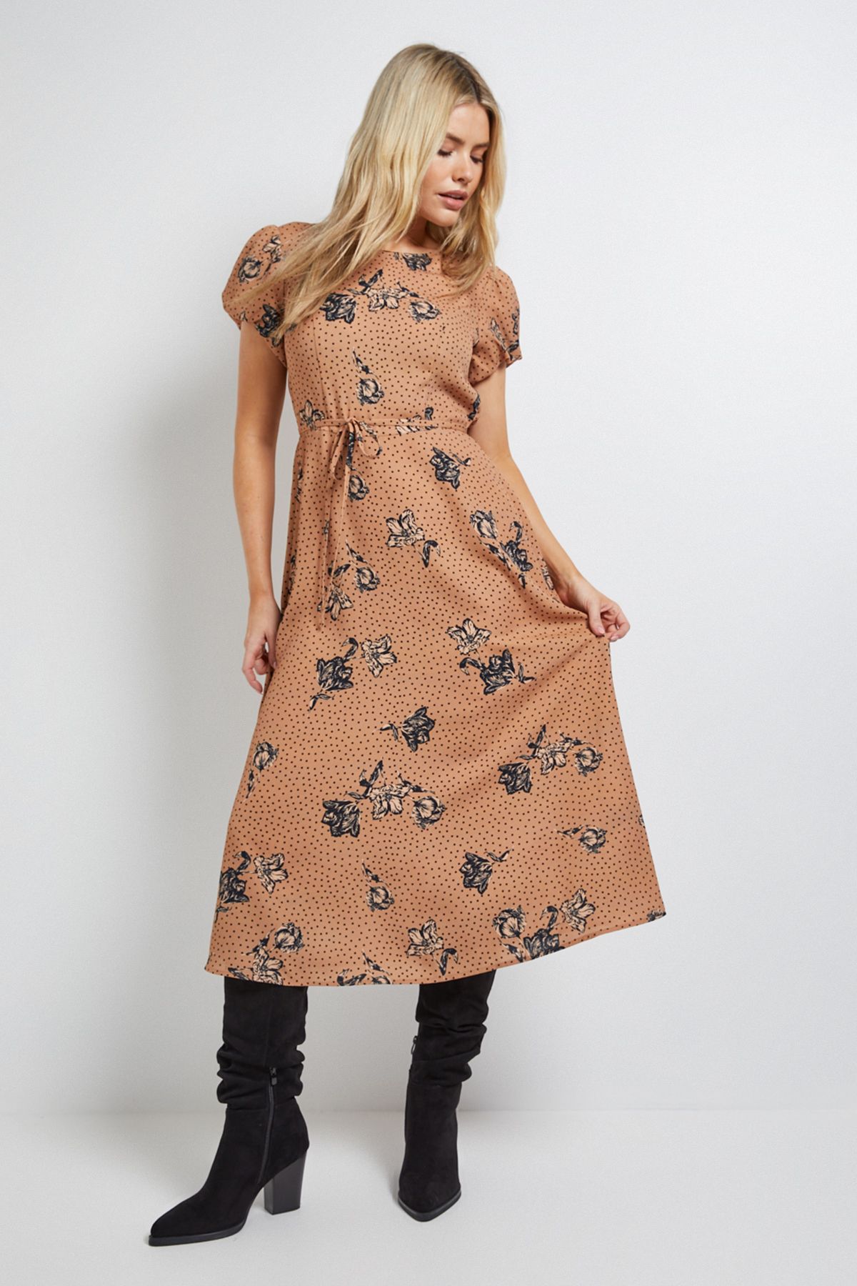 Stone Floral Tie Back Detail Puff Sleeve Midi Dress