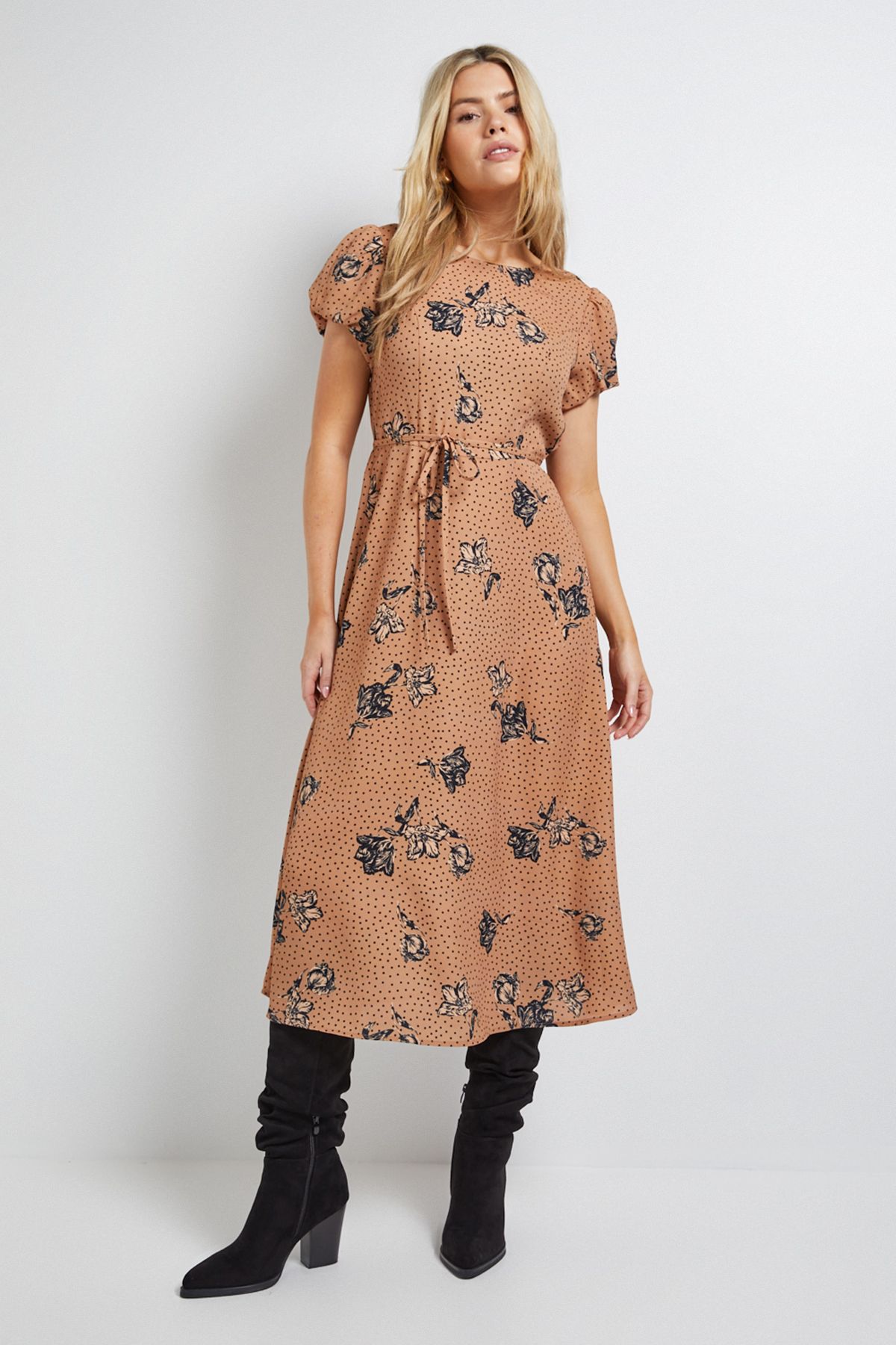 Stone Floral Tie Back Detail Puff Sleeve Midi Dress - Image 2