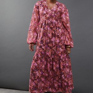 Floral Burnout Chiffon Wrap Smock Midi Dress