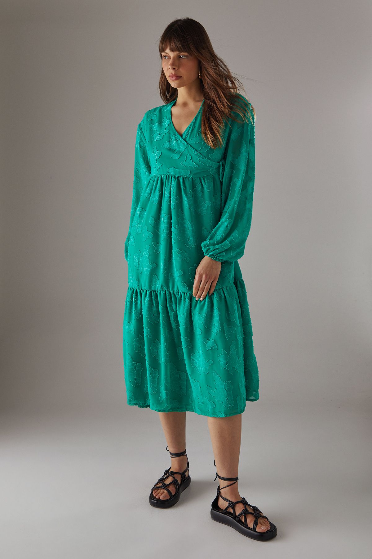 Burnout Chiffon Wrap Smock Midi Dress